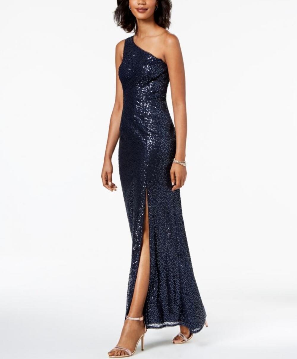 NWT Adrianna Papell Navy Sequin One Shoulder Formal Gown (Size US 8)